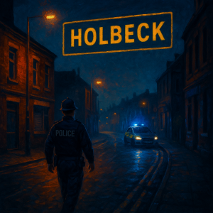 イギリス・リーズのホルベック地区の夜の通りを描いたデジタルイラスト。警察官とパトカーが巡回する暗い街並みに「HOLBECK」の看板が浮かぶ。