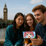 ロンドンのテムズ川沿いでアニメをスマートフォンで視聴する若者たち。背景にはビッグベンと国会議事堂が見える。