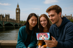 ロンドンのテムズ川沿いでアニメをスマートフォンで視聴する若者たち。背景にはビッグベンと国会議事堂が見える。