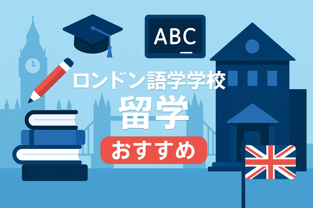 ロンドンの街並みを背景に、語学学校の建物と本や卒業帽、イギリス国旗モチーフが描かれたイラスト。ロンドン留学と英語学習を象徴している。