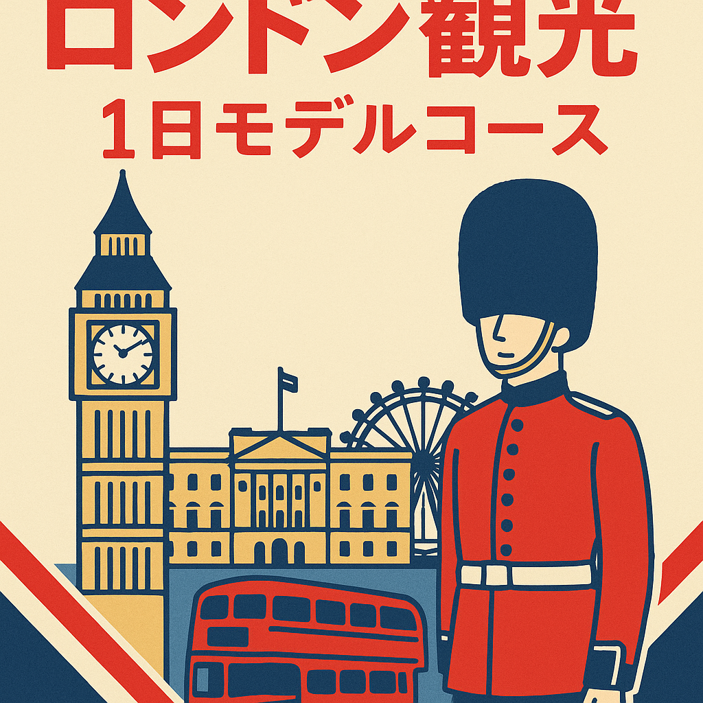 ロンドン観光1日モデルコースの表紙イラスト｜ビッグ・ベンやバッキンガム宮殿、近衛兵と赤い二階建てバスを描いた雑誌風デザイン