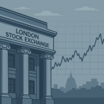 ロンドン証券取引所の外観を背景に、株価チャートが穏やかに動く様子を描いたフラットスタイルのデジタルイラスト。青とグレーの落ち着いた色調。