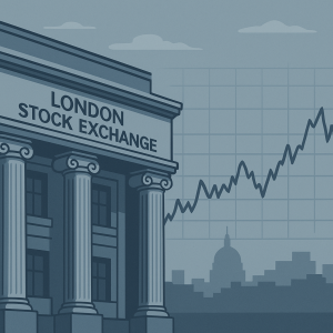 ロンドン証券取引所の外観を背景に、株価チャートが穏やかに動く様子を描いたフラットスタイルのデジタルイラスト。青とグレーの落ち着いた色調。