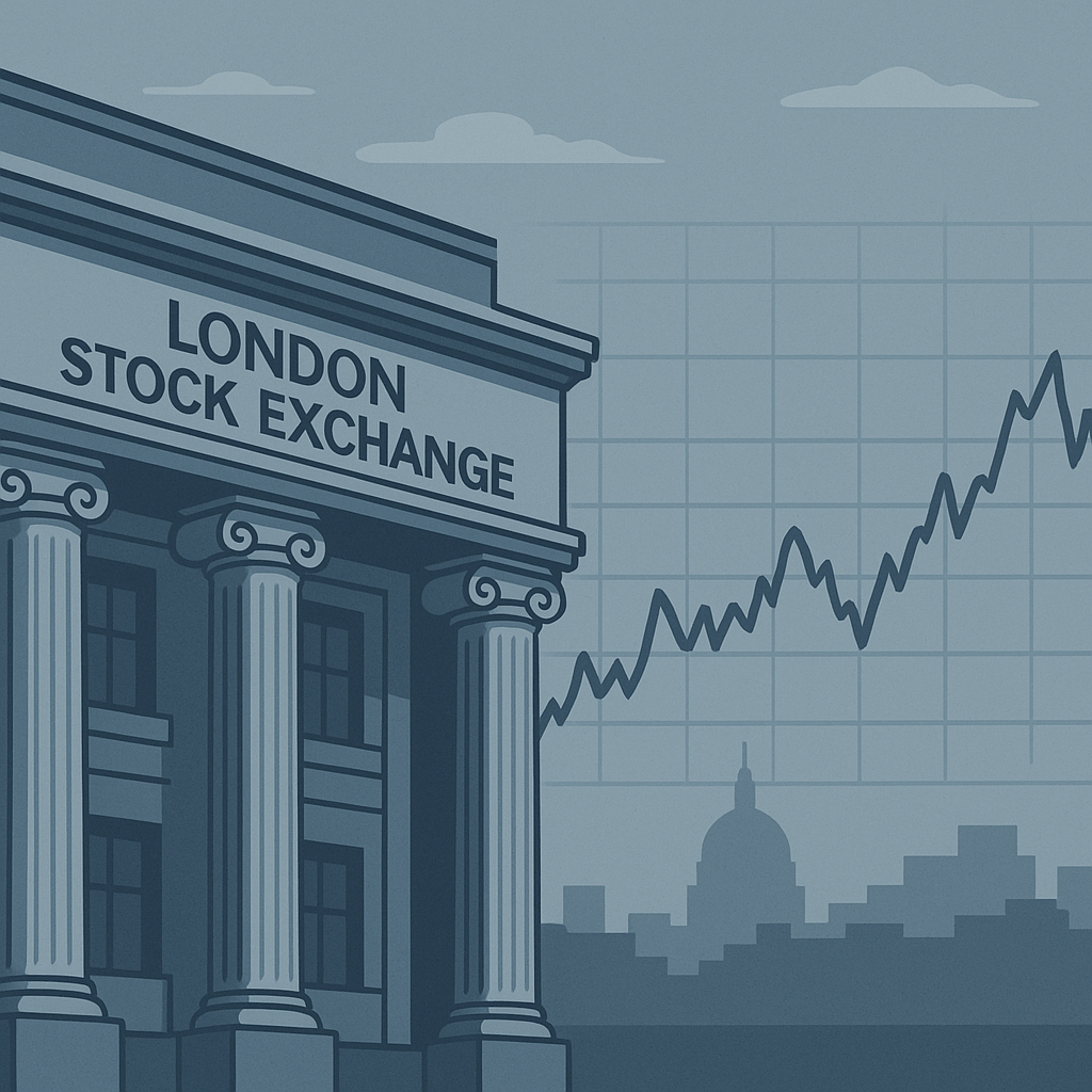 ロンドン証券取引所の外観を背景に、株価チャートが穏やかに動く様子を描いたフラットスタイルのデジタルイラスト。青とグレーの落ち着いた色調。