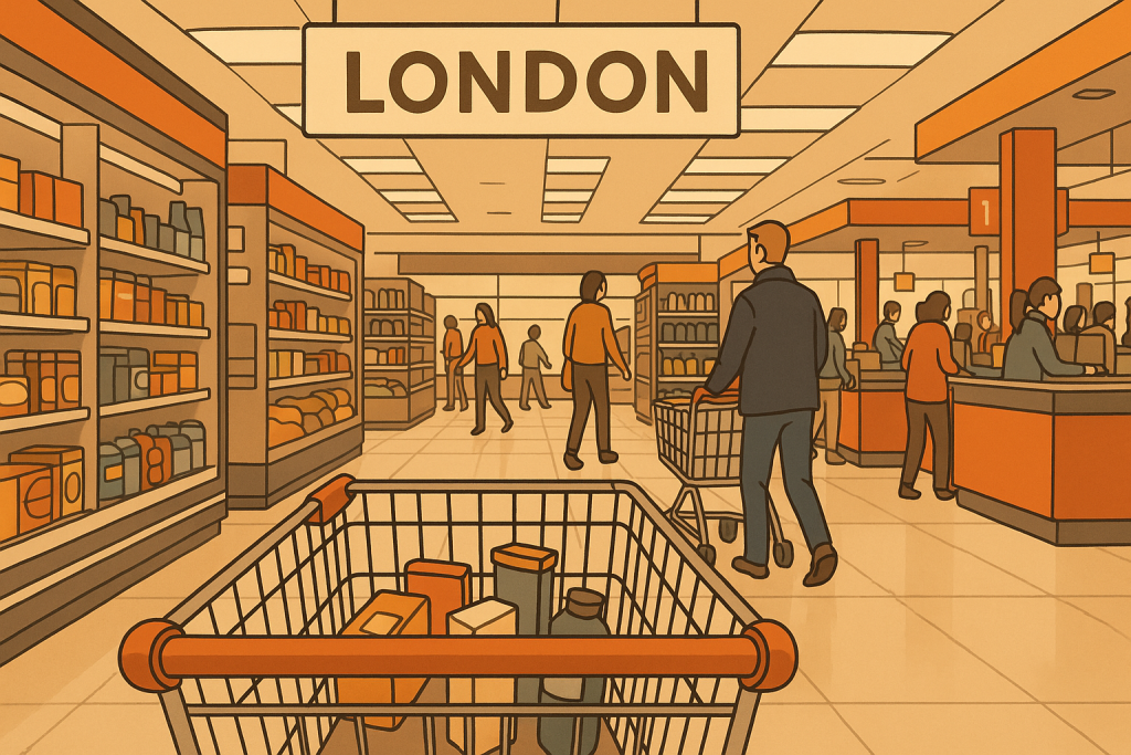 ロンドンのスーパーマーケット店内を描いたイラスト。ショッピングカート越しに買い物客や陳列棚が見える。