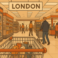ロンドンのスーパーマーケット店内を描いたイラスト。ショッピングカート越しに買い物客や陳列棚が見える。