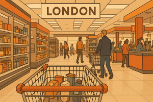 ロンドンのスーパーマーケット店内を描いたイラスト。ショッピングカート越しに買い物客や陳列棚が見える。