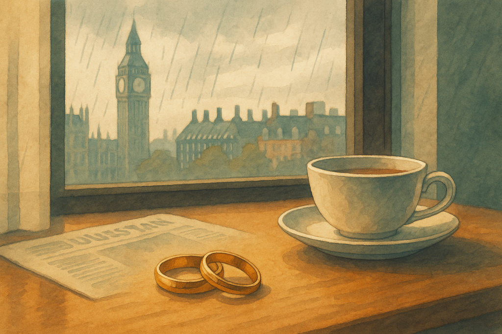 ロンドンの街並みを背景に、雨の窓辺のテーブルに置かれた結婚指輪と紅茶のカップ。夫婦の絆と静かな時間を象徴するイラスト。