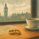 ロンドンの街並みを背景に、雨の窓辺のテーブルに置かれた結婚指輪と紅茶のカップ。夫婦の絆と静かな時間を象徴するイラスト。