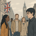 ロンドンの街角でアジア系、黒人、白人など多様な人々が歩く様子を描いたイラスト。背景にはビッグ・ベンとユニオンジャックが見える。