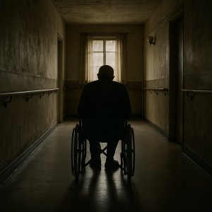 薄暗い老人ホームの廊下に車椅子で座る高齢者の後ろ姿。遠くの窓から差し込む光が孤独を照らしている。