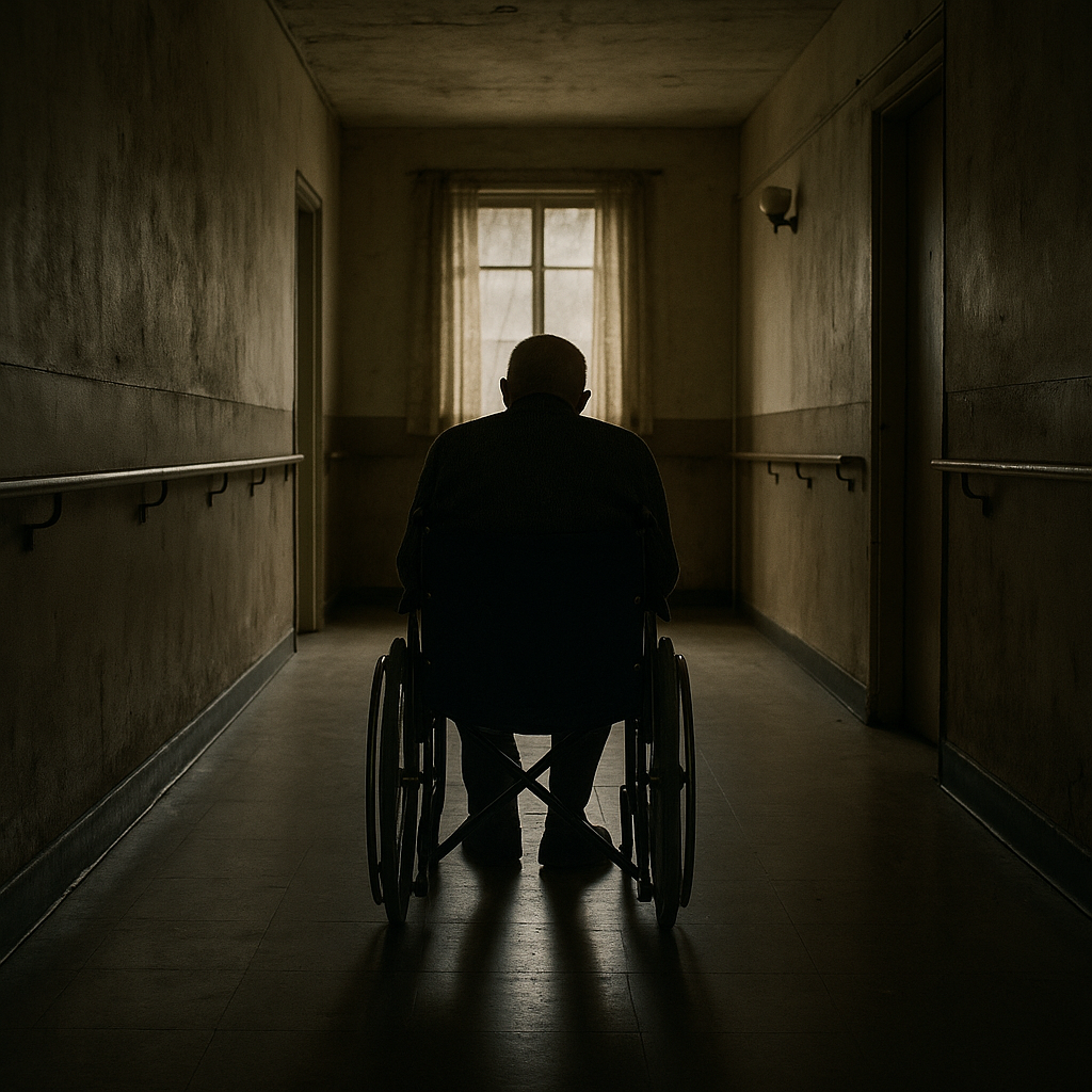 薄暗い老人ホームの廊下に車椅子で座る高齢者の後ろ姿。遠くの窓から差し込む光が孤独を照らしている。