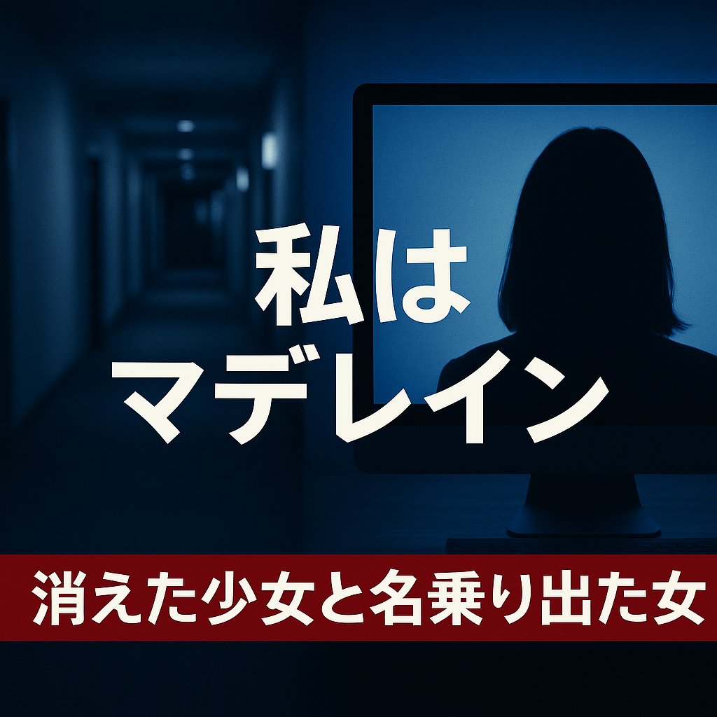 暗いホテルの廊下とモニターに映る女性のシルエットの合成画像。中央に「私はマデレイン」、下部に「消えた少女と名乗り出た女」と書かれた報道風デザインのアイキャッチ。