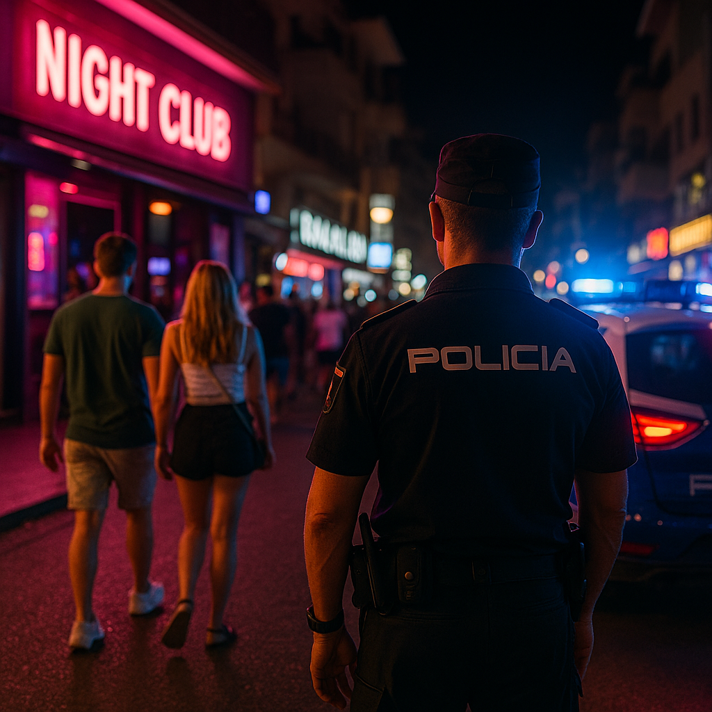 スペイン・マヨルカ島マガルフの夜のクラブ街で警察官が警備にあたる様子。ネオンに照らされた通りを歩く観光客とパトカーのライトが印象的な夜景。