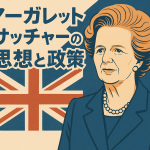 マーガレット・サッチャーの思想と政策を象徴するイラスト。英国旗を背景に、右寄り思想とサッチャリズムを表現。