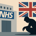 イギリスのNHS病院とユニオンジャックを背景に、ひざまずく患者の影を描いたフラットイラスト。制度疲労と医療の闇を象徴。
