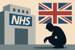 イギリスのNHS病院とユニオンジャックを背景に、ひざまずく患者の影を描いたフラットイラスト。制度疲労と医療の闇を象徴。