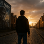 北アイルランドのベルファストで夕陽を見つめる若者。警察との対立を象徴しつつ、社会に差す希望の光を表現した情景。