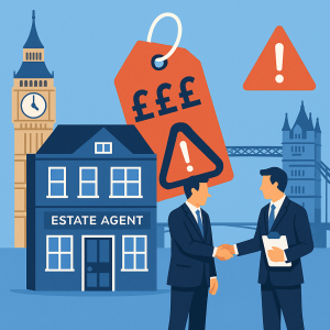 ロンドンの街並みを背景に、不動産会社の建物と大きな高額の値札、注意マークが描かれ、二人の男性が契約交渉をしているイラスト