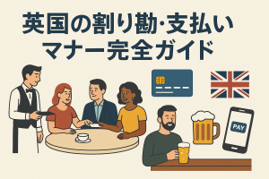英国の割り勘・支払いマナー完全ガイドのアイキャッチ画像。レストランで会計する人々、パブでビールを飲む男性、カードやスマホ決済、ユニオンジャックのイラスト