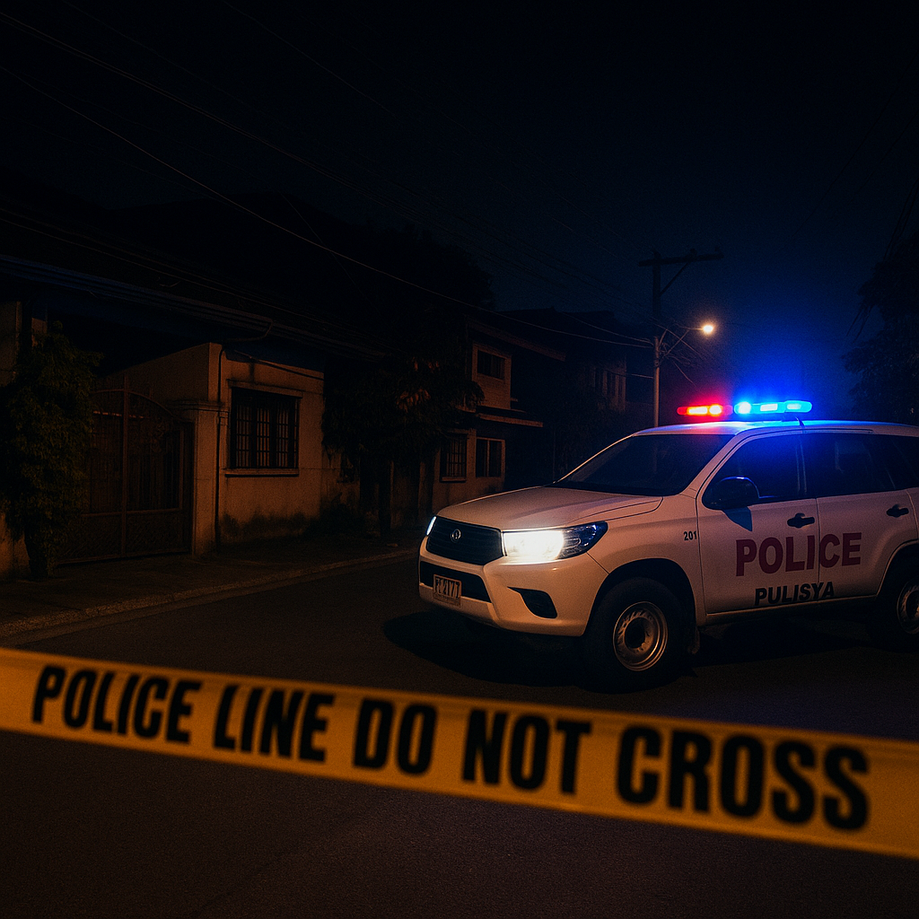 フィリピンの住宅街で夜間に撮影された犯罪現場。警察車両と「POLICE LINE DO NOT CROSS」の黄色いテープが張られている。
