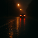 雨の夜、濡れた道路に赤いテールランプの光が滲む。遠くに走り去る車と街灯の灯りが、静かで切ない雰囲気を漂わせている。