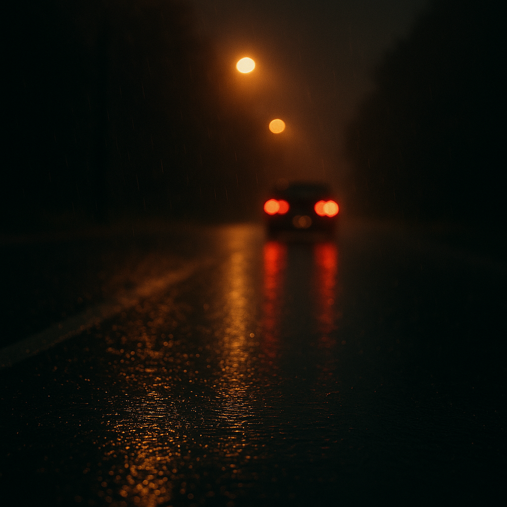 雨の夜、濡れた道路に赤いテールランプの光が滲む。遠くに走り去る車と街灯の灯りが、静かで切ない雰囲気を漂わせている。