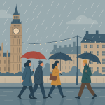 ロンドンの冬の雨の日、ビッグベン前を傘を差して歩く人々を描いたフラットイラスト。