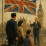 ロンドンの国会議事堂前で、スーツケースを持つ日本人家族が政治家の演説を見つめている。背景にはユニオンジャックが掲げられ、リフォームUK政権誕生後の不安を象徴するリアルなイラスト。