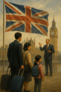 ロンドンの国会議事堂前で、スーツケースを持つ日本人家族が政治家の演説を見つめている。背景にはユニオンジャックが掲げられ、リフォームUK政権誕生後の不安を象徴するリアルなイラスト。