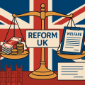 イギリス国会議事堂とユニオンジャックを背景に、Reform UKと福祉制度を象徴する天秤が描かれたイラスト
