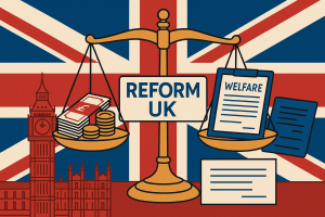 イギリス国会議事堂とユニオンジャックを背景に、Reform UKと福祉制度を象徴する天秤が描かれたイラスト