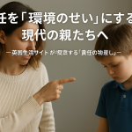 母親が指を差しながら叱るように息子を見つめ、少年はうつむいて悲しげにしている様子。親と子の間の緊張を表現した写真で、「責任を環境のせいにする現代の親たちへ」という文字が重ねられている。