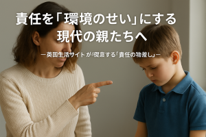 母親が指を差しながら叱るように息子を見つめ、少年はうつむいて悲しげにしている様子。親と子の間の緊張を表現した写真で、「責任を環境のせいにする現代の親たちへ」という文字が重ねられている。