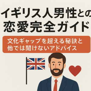 イギリス人男性との恋愛完全ガイド。スーツ姿の英国男性イラストとユニオンジャック、ハートが描かれたシンプルなアイキャッチ画像