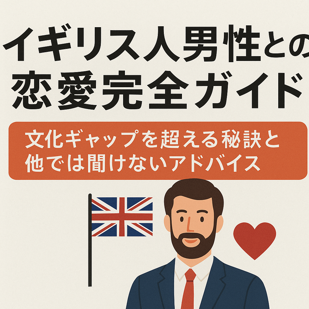 イギリス人男性との恋愛完全ガイド。スーツ姿の英国男性イラストとユニオンジャック、ハートが描かれたシンプルなアイキャッチ画像