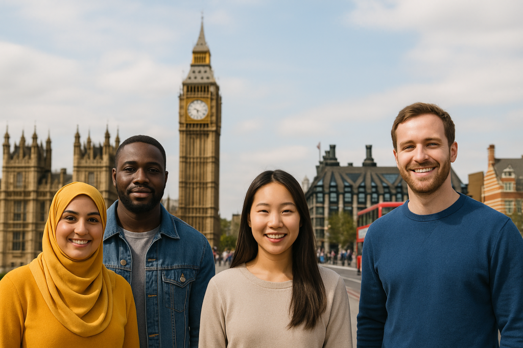 ロンドンのビッグベン前で並ぶ多様な人種の若者たち。イスラム教徒の女性、黒人男性、アジア人女性、白人男性が笑顔で立ち、安心して暮らす雰囲気を表現している。