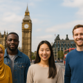 ロンドンのビッグベン前で並ぶ多様な人種の若者たち。イスラム教徒の女性、黒人男性、アジア人女性、白人男性が笑顔で立ち、安心して暮らす雰囲気を表現している。