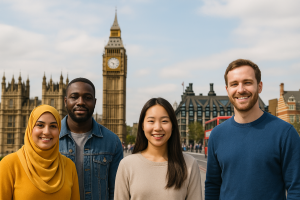 ロンドンのビッグベン前で並ぶ多様な人種の若者たち。イスラム教徒の女性、黒人男性、アジア人女性、白人男性が笑顔で立ち、安心して暮らす雰囲気を表現している。