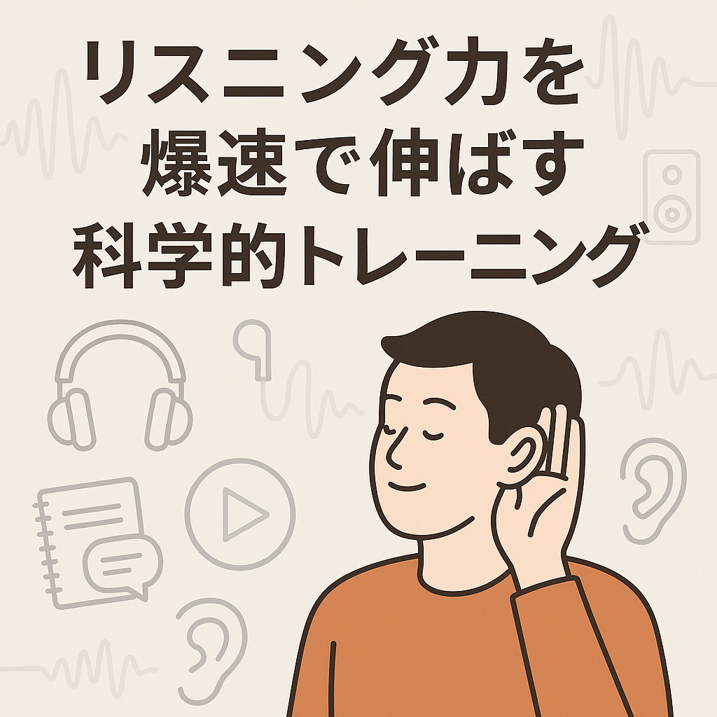リスニング力を爆速で伸ばす科学的トレーニングをテーマにしたシンプルなイラスト。耳に手を当てた男性とヘッドフォン、音波、ノートなどのアイコンが描かれている