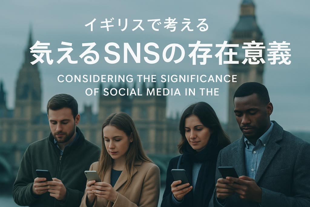ロンドンのビッグベンを背景にスマートフォンを見つめる4人の人々と『イギリスで考えるSNSの存在意義』の文字が入ったアイキャッチ画像