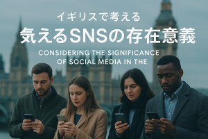 ロンドンのビッグベンを背景にスマートフォンを見つめる4人の人々と『イギリスで考えるSNSの存在意義』の文字が入ったアイキャッチ画像
