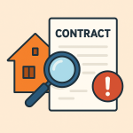 家と「Contract」と書かれた契約書の上に虫眼鏡と赤い注意マークが描かれたイラスト。賃貸借契約に潜む落とし穴を象徴している。