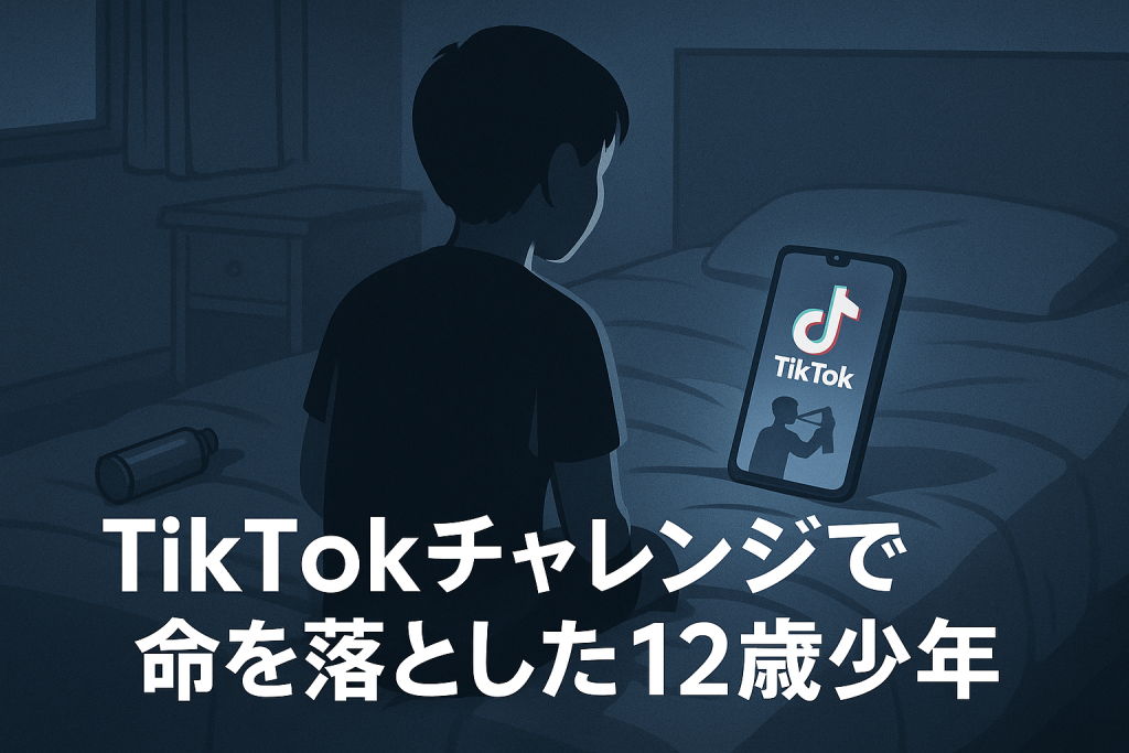 ロンドン郊外の暗い部屋で、ベッドの上のスマートフォンに映るTikTokロゴを見つめる12歳の少年を背中から描いたイラスト。床にはデオドラント缶が転がり、SNSの危険性を象徴している。