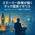 ロンドンの街並みを背景に、AIとスタートアップによる英国のテック国家戦略を象徴する報道風イラスト。