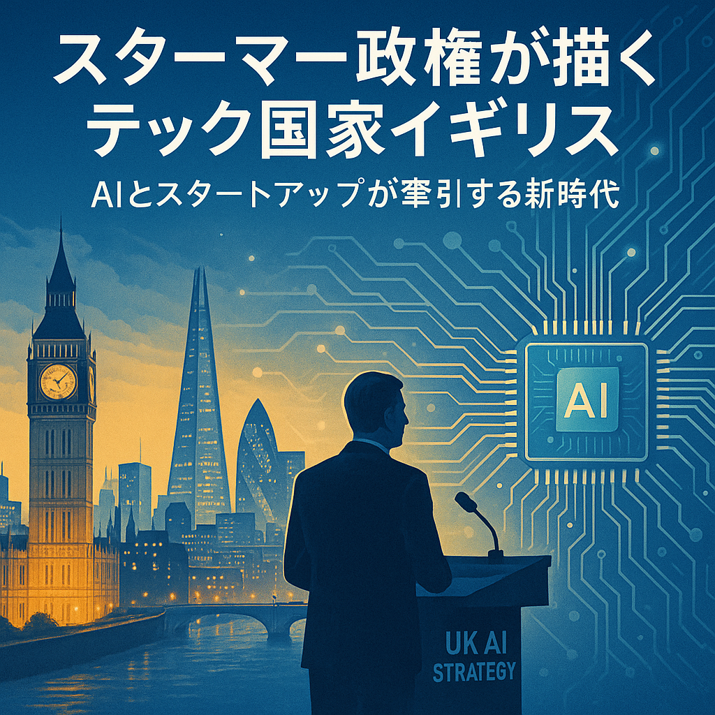 ロンドンの街並みを背景に、AIとスタートアップによる英国のテック国家戦略を象徴する報道風イラスト。