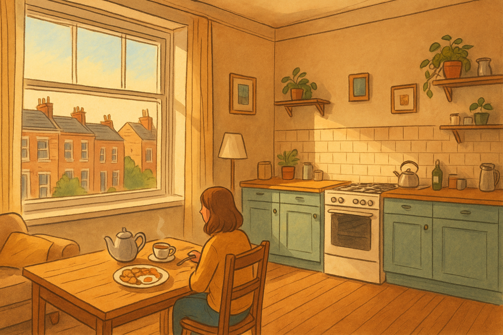 ロンドンのAirbnbの部屋で朝食を楽しむ女性のイラスト。キッチン付きのアパートで、ホテルより安く快適に滞在できるイギリス旅行の雰囲気を表現。