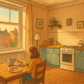 ロンドンのAirbnbの部屋で朝食を楽しむ女性のイラスト。キッチン付きのアパートで、ホテルより安く快適に滞在できるイギリス旅行の雰囲気を表現。