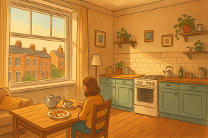 ロンドンのAirbnbの部屋で朝食を楽しむ女性のイラスト。キッチン付きのアパートで、ホテルより安く快適に滞在できるイギリス旅行の雰囲気を表現。