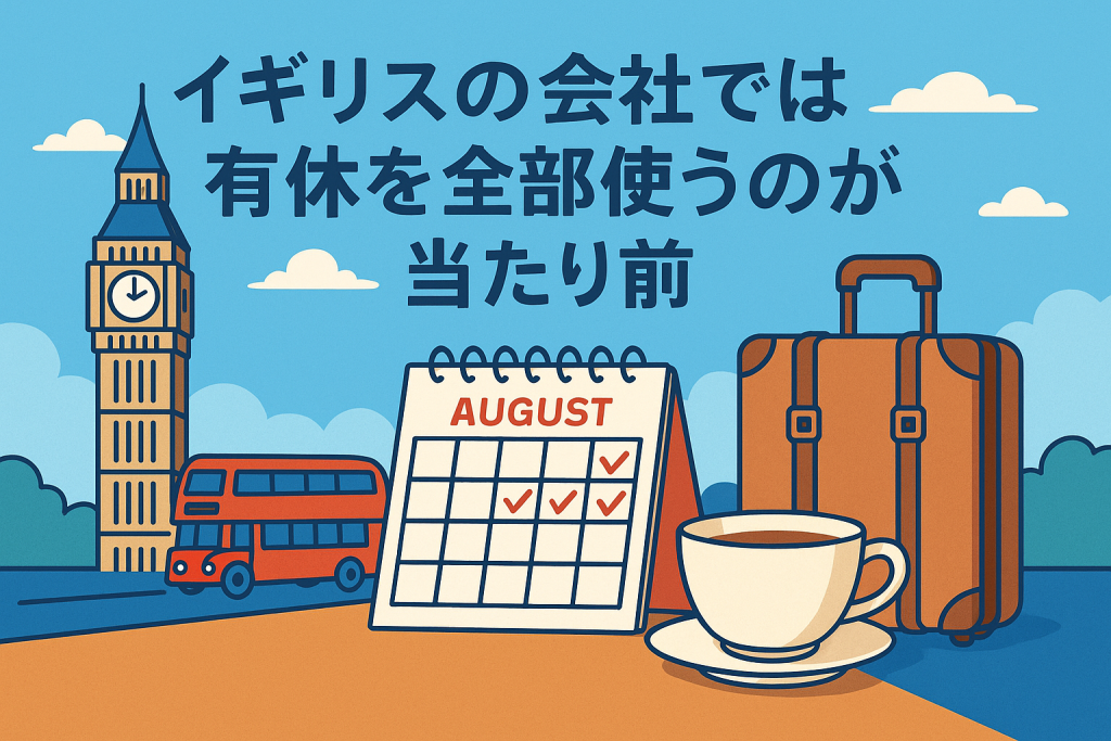 イギリスの有給休暇文化を象徴するイラスト。ビッグベンや赤いバス、スーツケース、カレンダー、紅茶が描かれ、休暇を楽しむ英国の働き方を表現している。